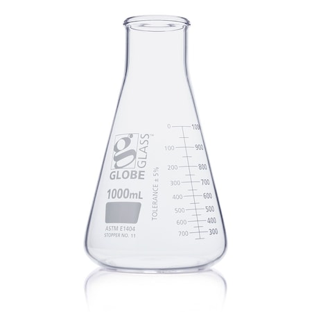Globe Scientific Flask, Erlenmeyer, Globe Glass, 1000mL, Wide Mouth, Dual Graduations, ASTM E1404, 6/Box 8411000